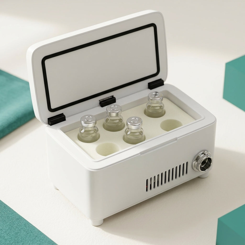 Cooler case open showing foam interior with glass vials