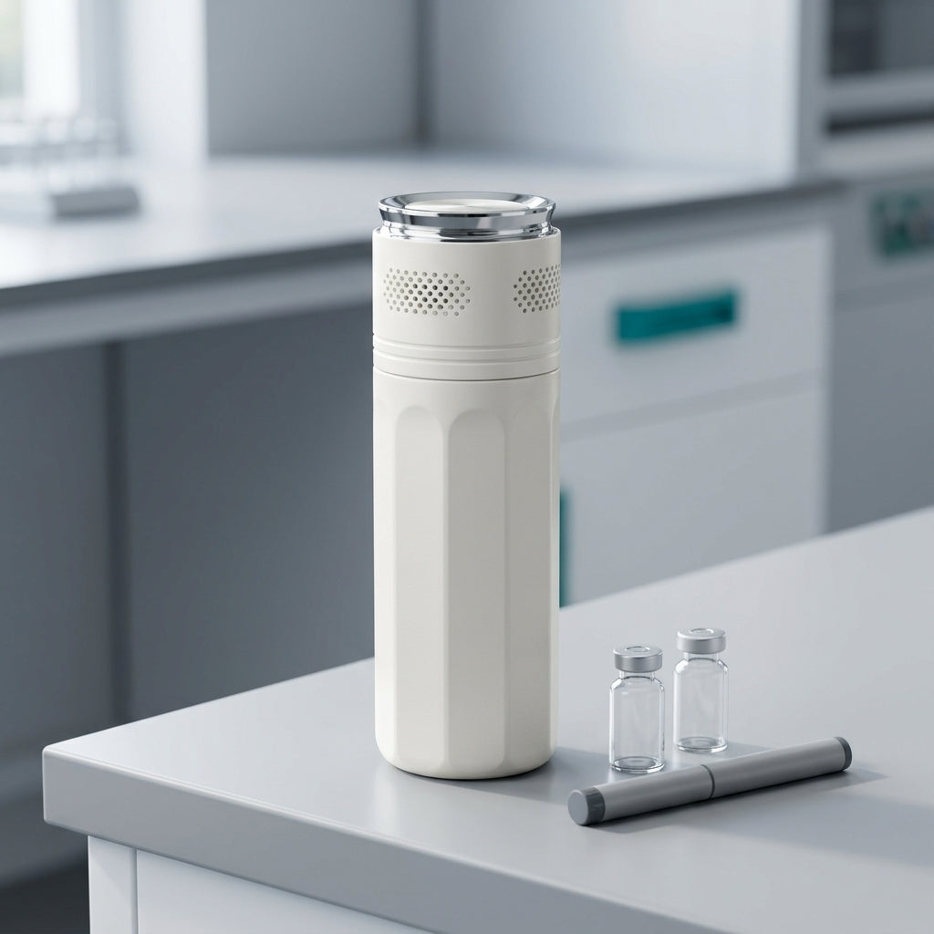 Pen cooler on a laboratory bench with vials