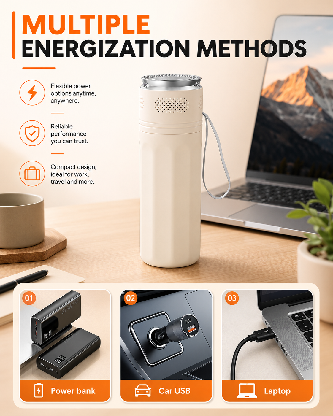 Powered from a power bank, car USB or laptop