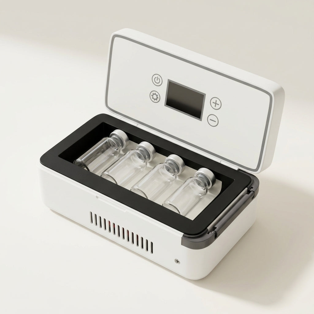 Cooler box open, vials seated in the insulated tray