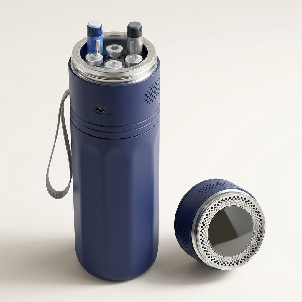 Pen cooler with the cap module removed, vials and pens inside