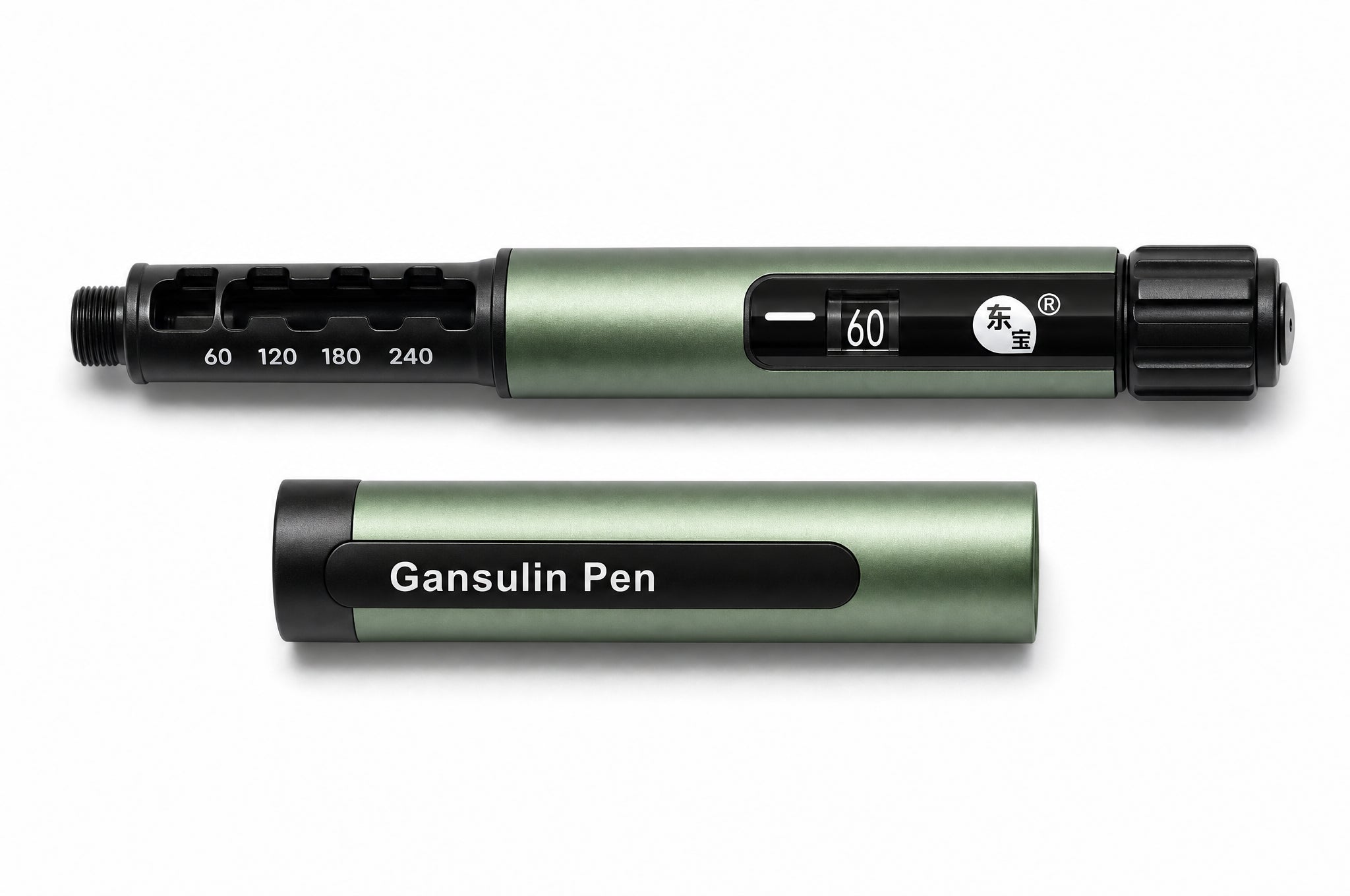 Gansulin pen with the cap removed, showing the dose window at 60 and the slotted cartridge holder marked 60, 120, 180 and 240