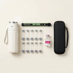 Travel Starter Kit - flat lay of cooler, pen, 10 cartridges, bac water