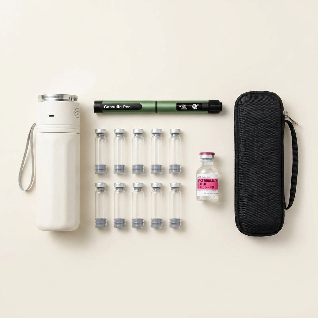 Travel Starter Kit - flat lay of cooler, pen, 10 cartridges, bac water