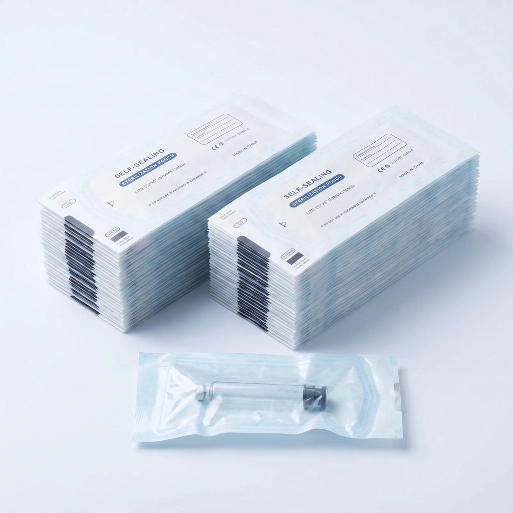 Bulk 100-pack: two stacks of individually pouch-sealed 3 ml cartridges with one pouch showing a cartridge sealed inside