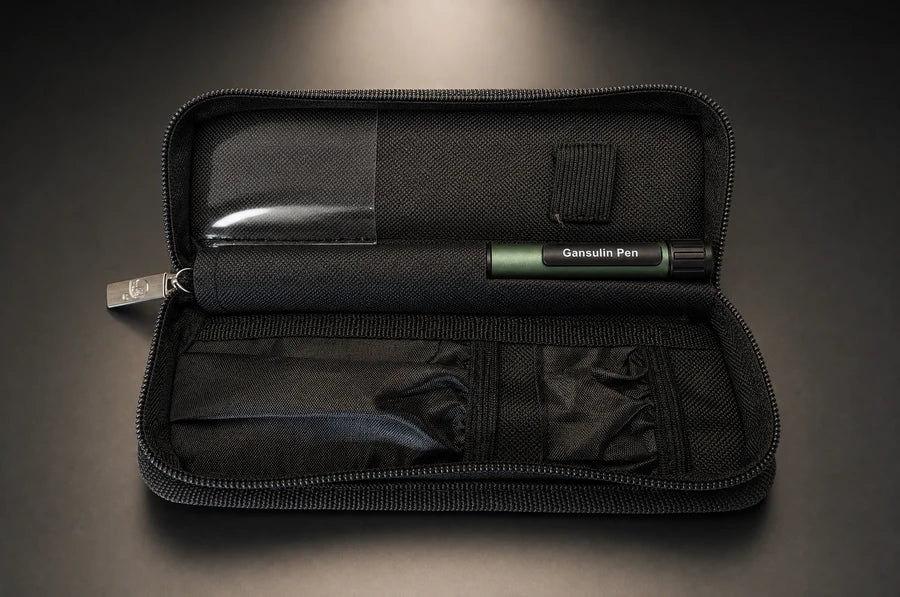 Zip case open with pen inside