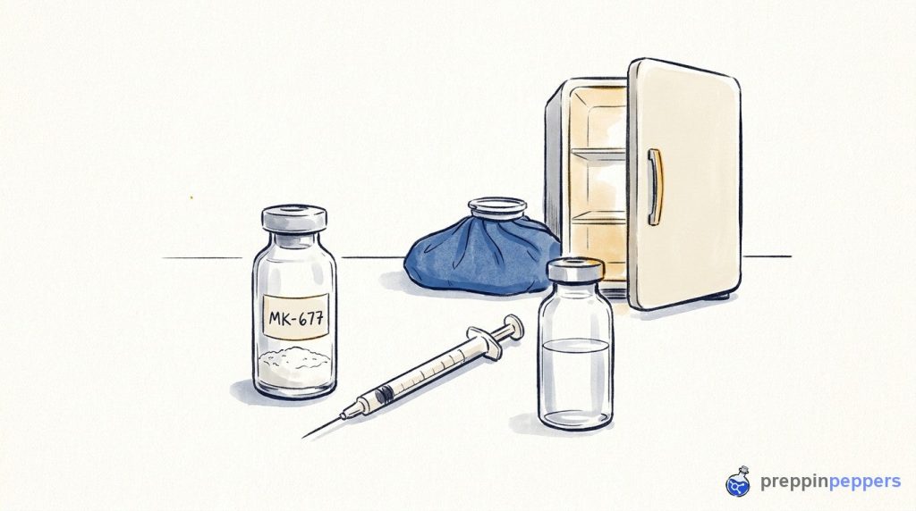 A vial labeled MK-677, a vial of bacteriostatic water, and a syringe on a lab bench near a mini fridge.