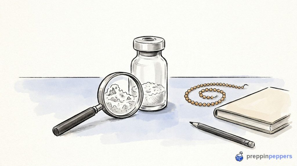 An unlabeled glass vial of white powder next to a magnifying glass, a beaded chain, and a notebook on a lab bench.