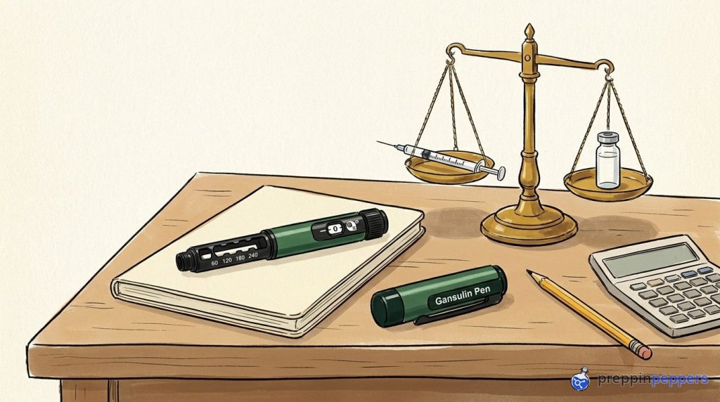 An uncapped Gansulin pen, a balance scale with a syringe and vial, and a calculator on a lab bench.
