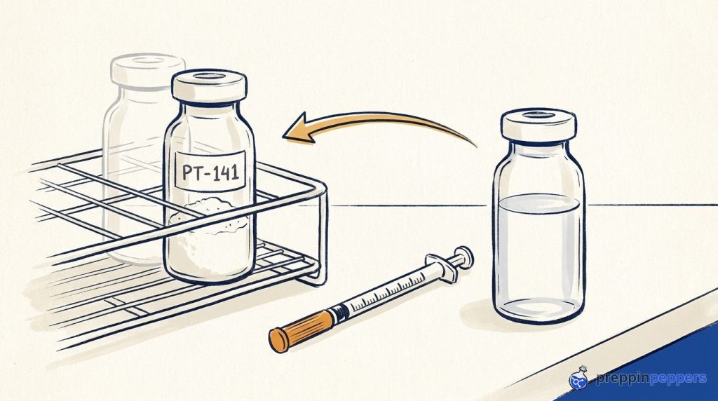Illustration of a PT-141 vial, a diluent vial, and a syringe with an arrow showing the reconstitution process.