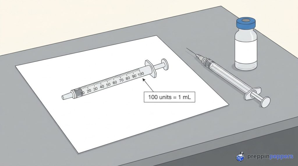 Diagram of a U-100 syringe scale showing 10 to 100 units, with an arrow pointing to '100 units = 1 mL'.