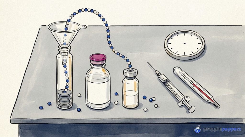 Ink-and-wash drawing of a syringe, vials, cartridge, and a beaded chain spilling through a funnel on a lab bench.