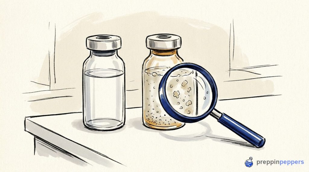 Two unlabeled vials on a lab bench, one clear and one cloudy with sediment under a magnifying glass.