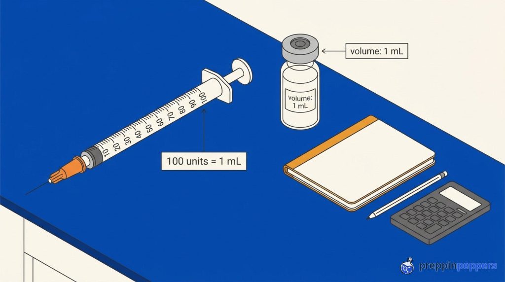 Diagram of a U-100 syringe and a 1 mL vial on a lab bench alongside a calculator and notebook.