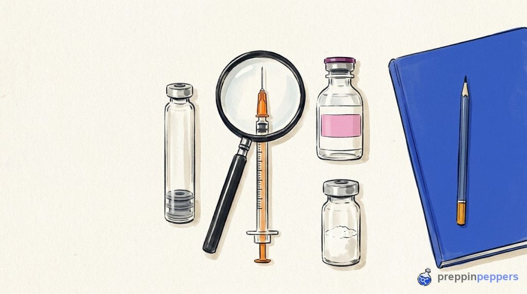 Overhead view of an insulin syringe under a magnifying glass, next to vials and a cartridge on a lab bench.