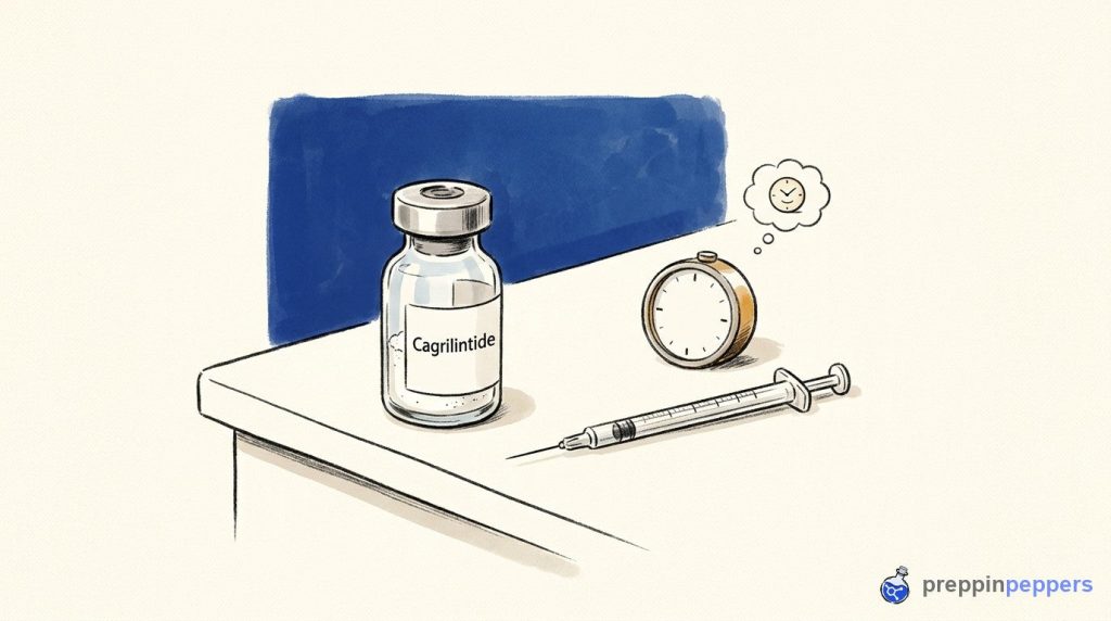 Cagrilintide peptide vial beside a syringe and timer, illustrating the reconstitution process and dissolution time.