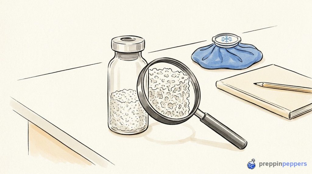 A plain unlabeled glass vial with a porous white cake inside, next to a magnifying glass and an ice pack on a lab bench.