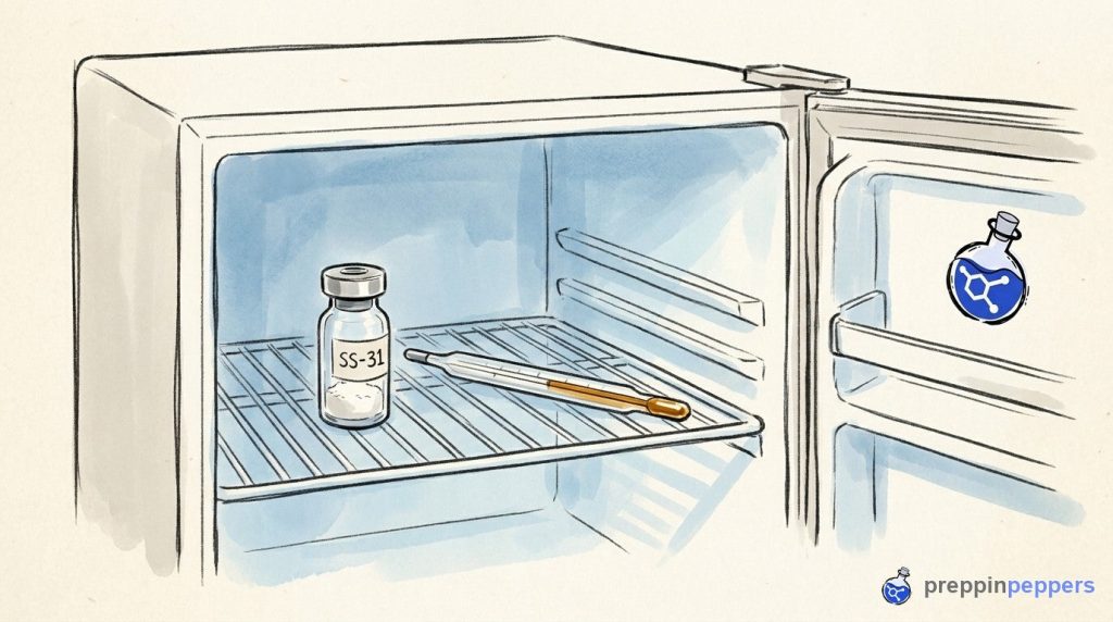 An SS-31 peptide vial stored next to a thermometer inside a chilled lab mini-fridge before reconstitution.