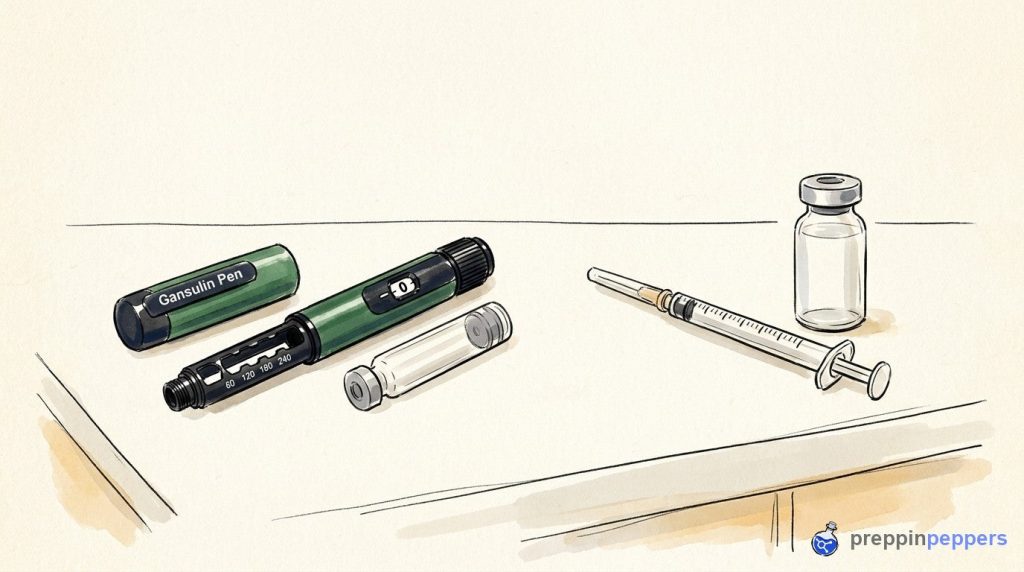 A Gansulin pen and glass cartridge next to a disposable syringe and plain unlabeled vial on a lab bench.
