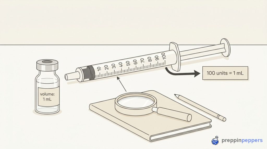 Diagram of a U-100 syringe scale aligned with a 1 mL vial on a lab bench with a magnifying glass.