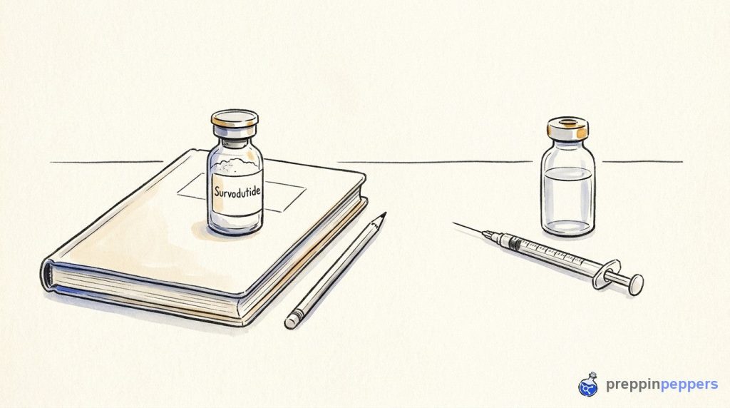 A Survodutide vial on a notebook next to a syringe and an unlabeled vial of diluent on a lab bench.