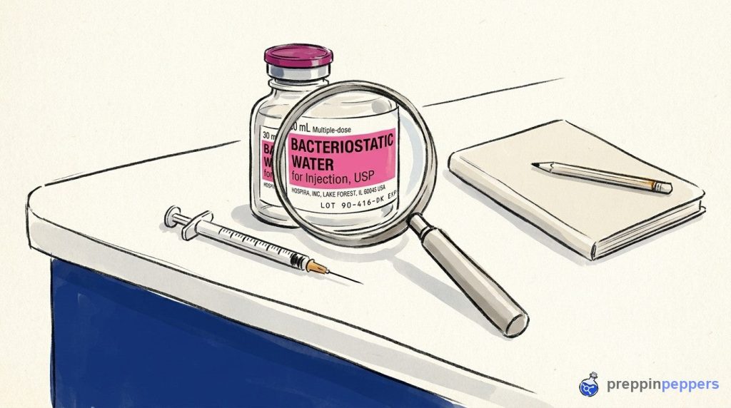 A bacteriostatic water vial and syringe on a lab bench, with a magnifying glass focusing on the label.