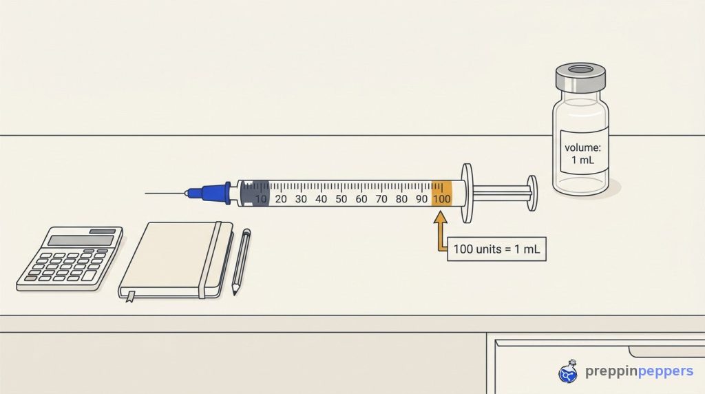Diagram of a U-100 syringe and 1 mL vial on a lab bench next to a calculator, notebook, and pencil.