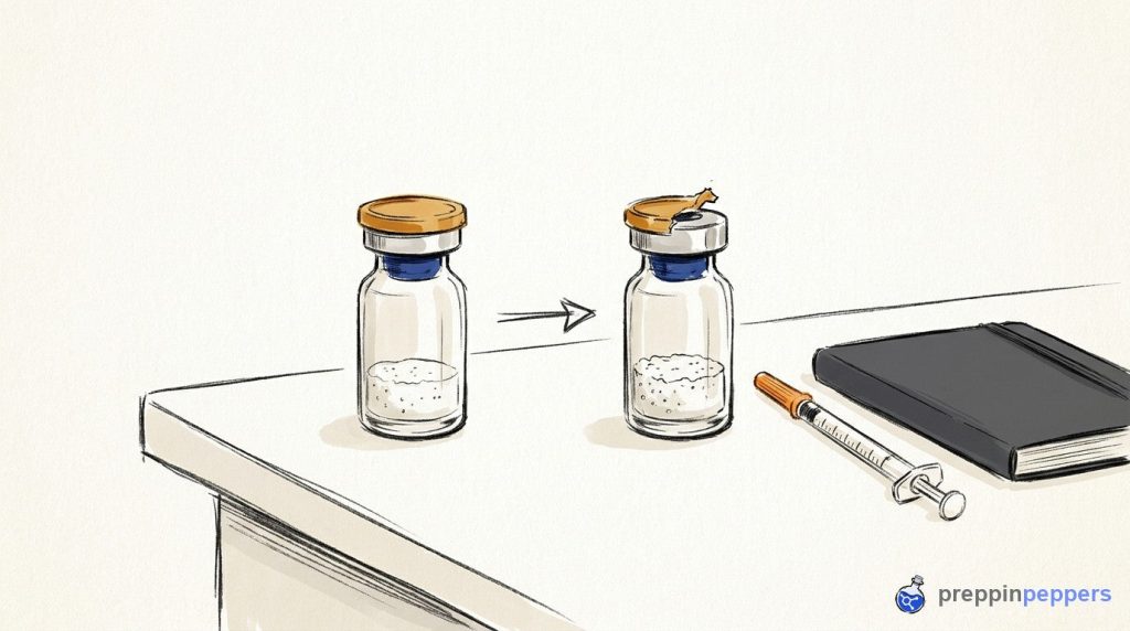 Ink-and-wash drawing of two unlabeled vials with intact and torn tamper seals next to a syringe on a lab bench.
