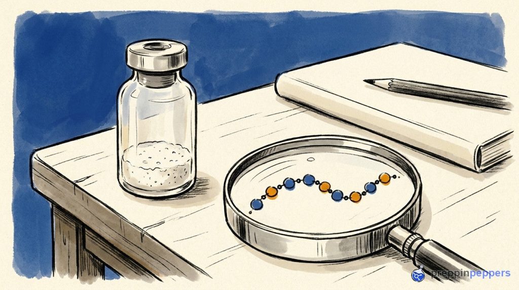 A magnifying glass on a lab bench reveals a beaded chain next to an unlabeled vial of white powder.