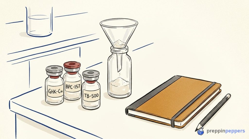 Three labeled peptide vials next to a funnel and an unlabeled vial on a lab bench.