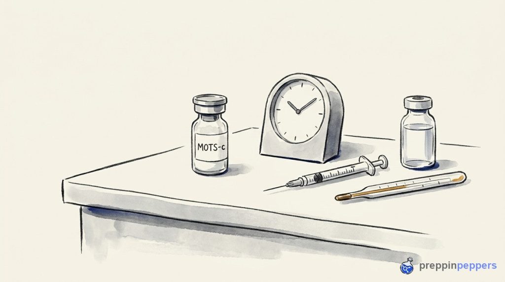 Ink-and-wash illustration of a labeled MOTS-c vial, clock, syringe, thermometer, and unlabeled vial on a lab bench.