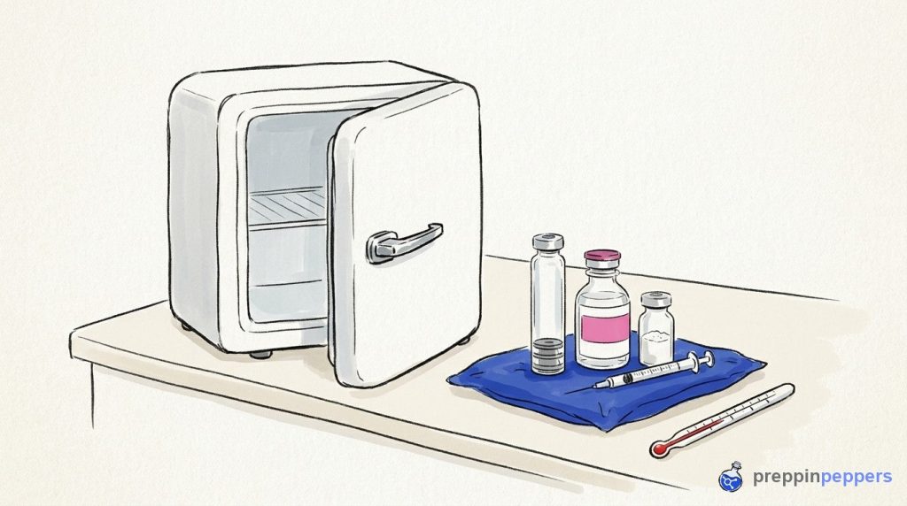 A glass cartridge, vials, and a syringe rest on an ice pack on a lab bench next to a small fridge.
