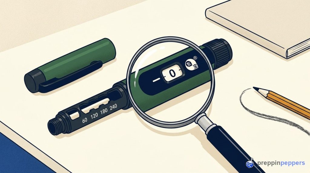 An uncapped Gansulin pen on a lab bench with a magnifying glass highlighting its dose-counter window.