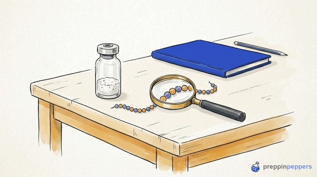 An unlabeled vial of white powder next to a beaded chain and a magnifying glass on a lab bench.