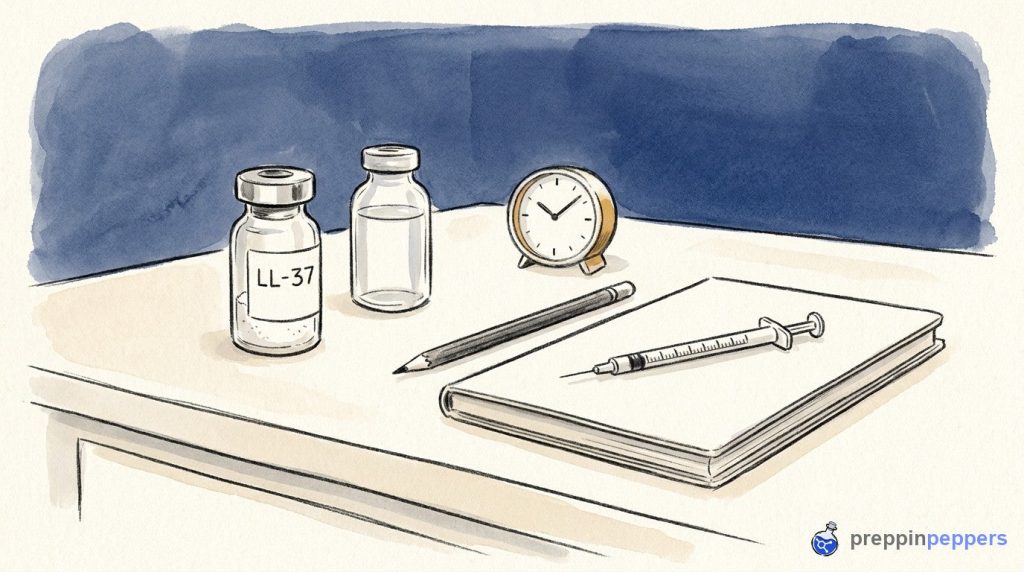 An LL-37 vial, a vial of liquid, a syringe, a clock, and a notebook on a lab bench in ink-and-wash style.