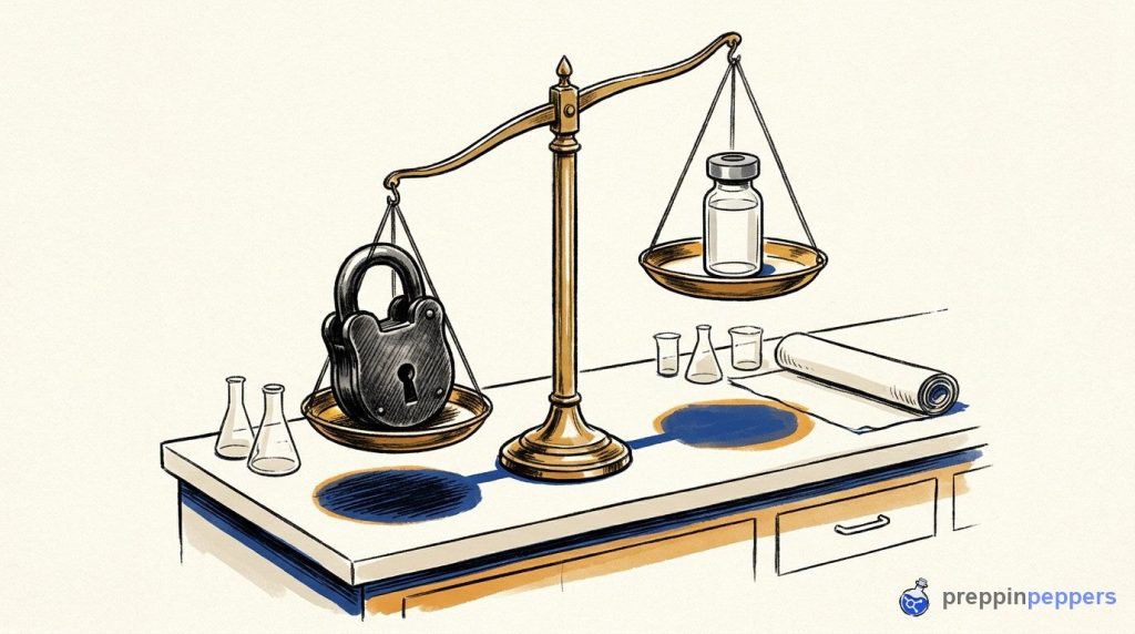 A balance scale tipped heavily by a padlock, representing how employer coverage barriers restrict research vial access.