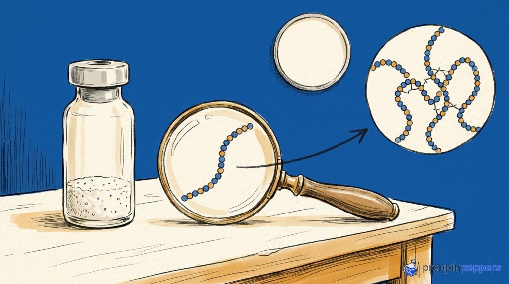 A vial of powder next to a magnifying glass showing a single beaded chain transitioning to two tangled chains.