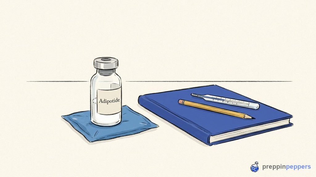 An Adipotide vial on an ice pack next to a notebook, pencil, and thermometer on a lab bench.