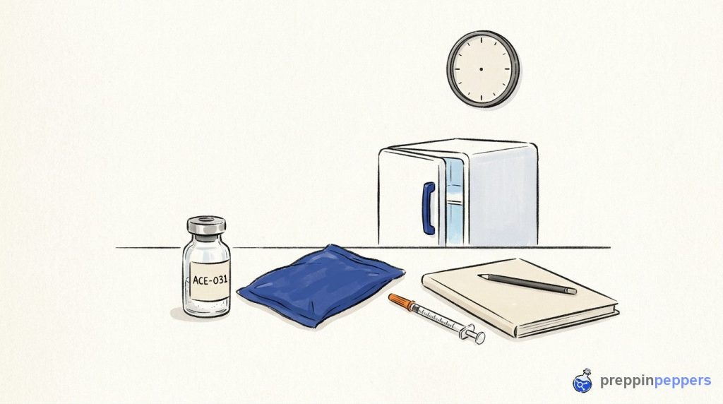 An ACE-031 vial, syringe, ice pack, and notebook on a lab bench near an open lab fridge.