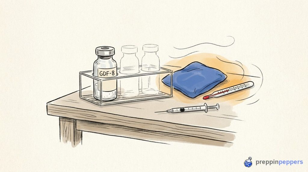 A vial labeled GDF-8 in a rack next to an ice pack, thermometer, and syringe on a lab bench.