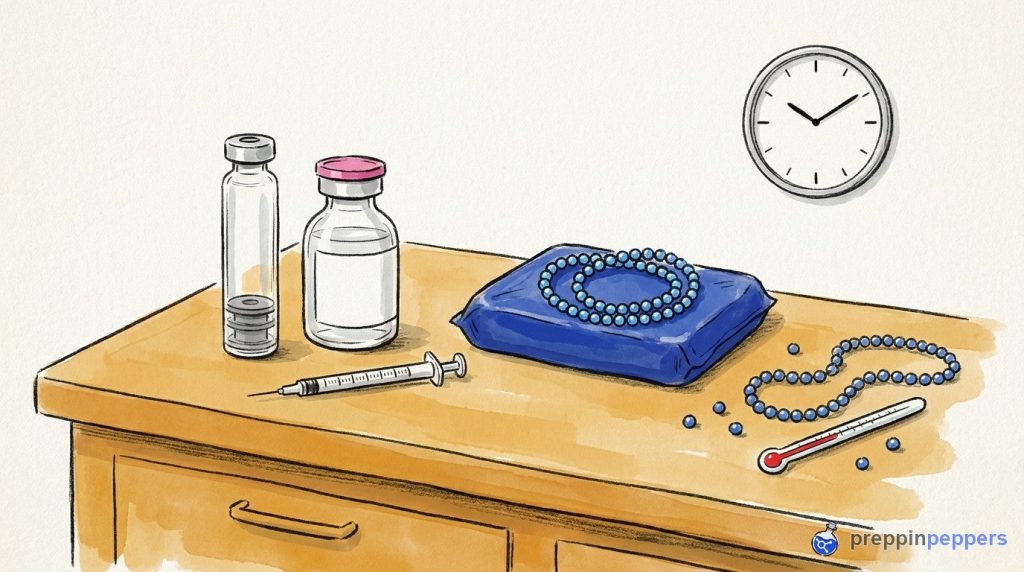 An ink-and-wash illustration of a syringe, cartridge, and vial next to intact and broken beaded chains near an ice pack.
