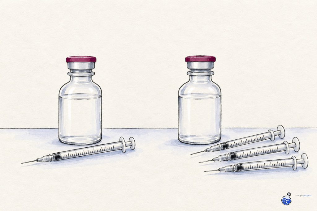 Comparison of a single-use vial with one syringe versus a multi-dose bacteriostatic water vial with multiple syringes.