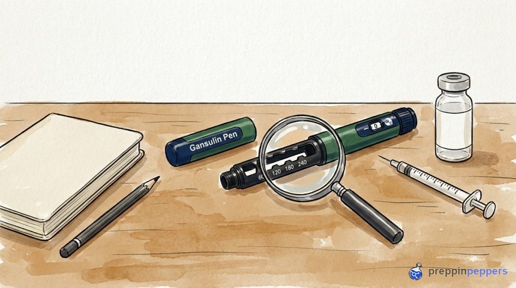 An uncapped Gansulin pen, magnifying glass, syringe, and vial on a lab bench near a closed notebook.