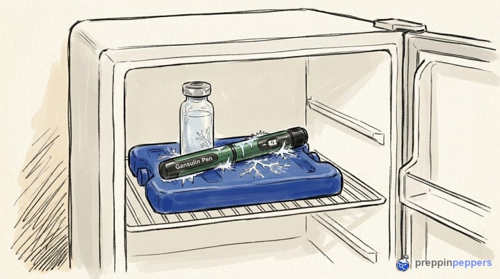 A Gansulin pen and a plain glass vial freezing on an ice pack inside a fridge, showing temperature damage.