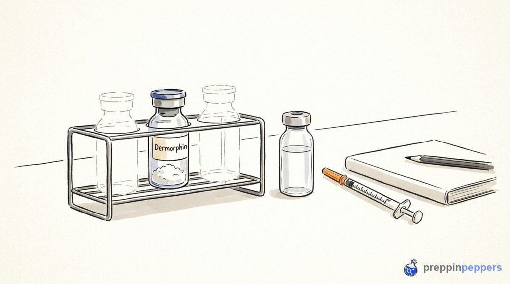 A labeled vial of Dermorphin in a rack next to an unlabeled liquid vial, a syringe, and a notebook on a lab bench.