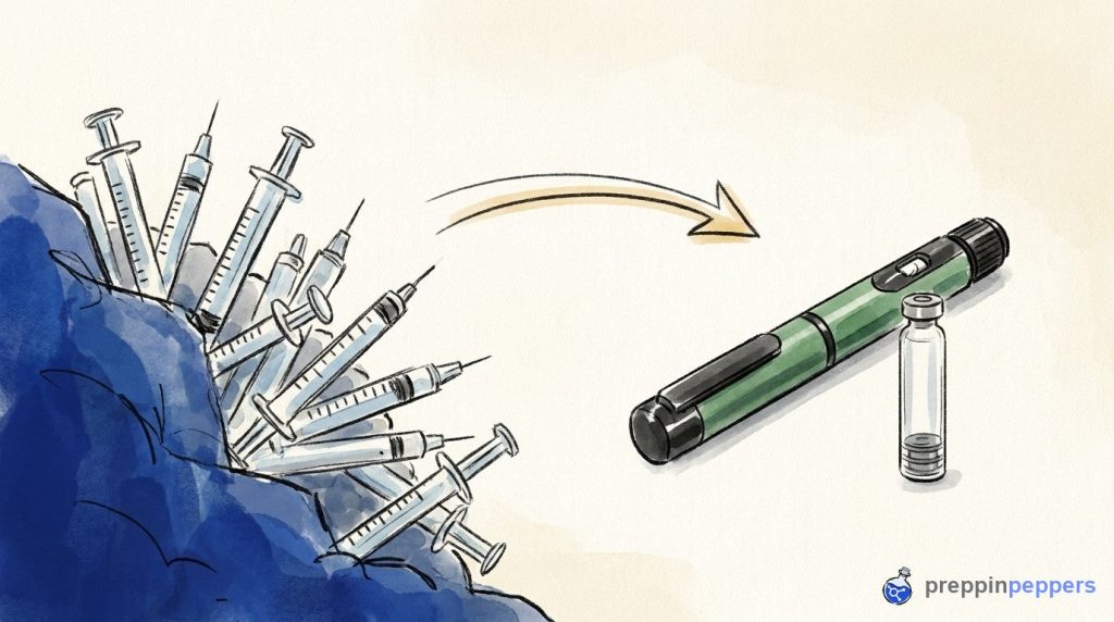 Comparison showing how a reusable peptide pen and single cartridge replace a wasteful pile of disposable syringes.