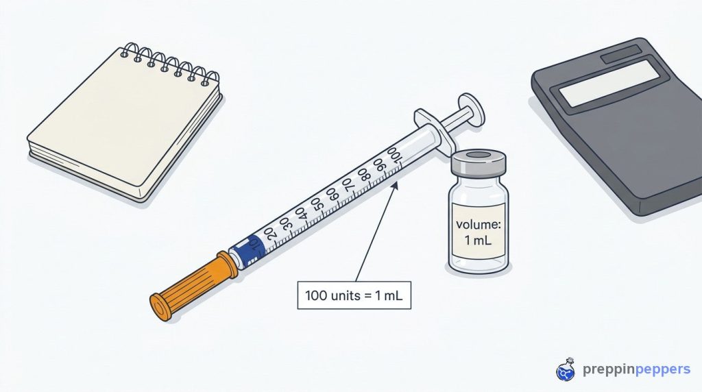 Diagram of a U-100 syringe and a 1 mL vial on a lab bench with a calculator and notebook.