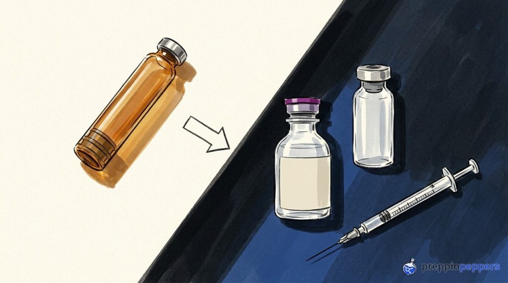 An amber glass cartridge in bright light beside clear vials and a syringe resting in the shade on a lab bench.