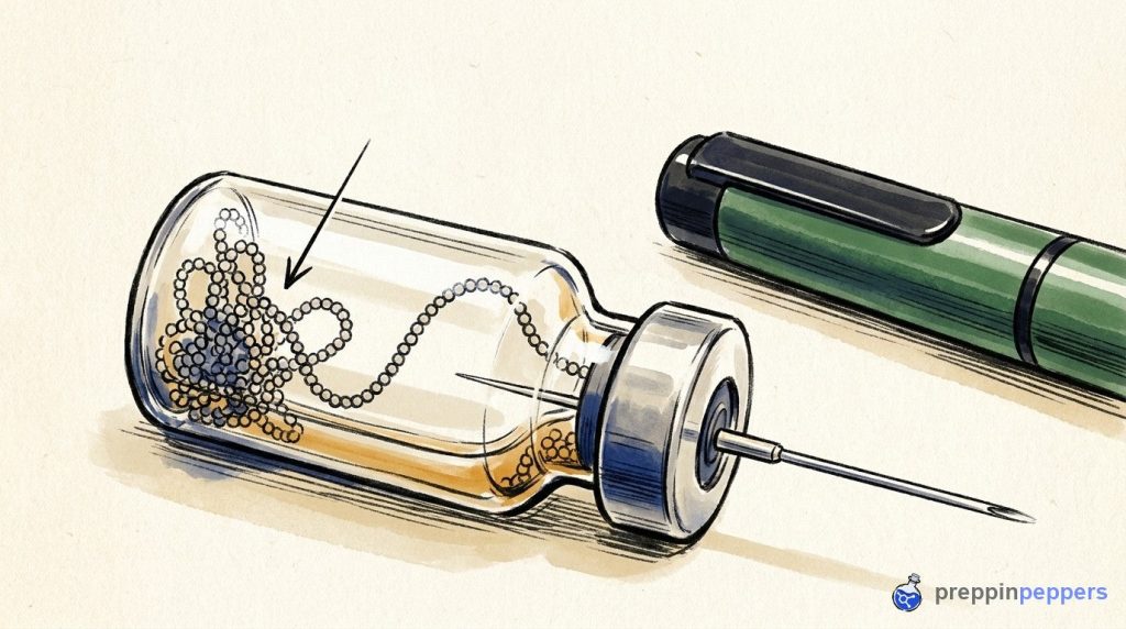 A syringe failing to reach the last of a peptide beaded chain inside a 3ml cartridge, pointing to waste.