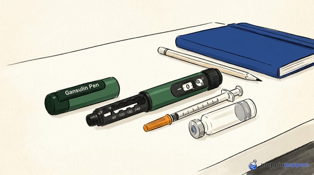An uncapped Gansulin pen, a fine insulin syringe, and a plain unlabeled glass vial on a lab bench.